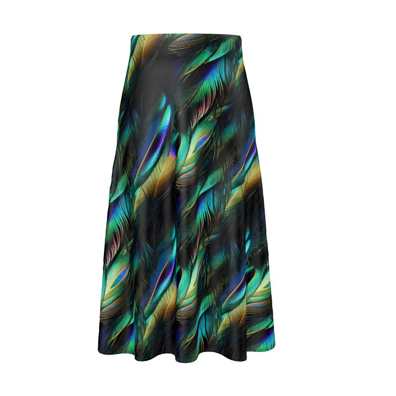 Iridescent Peacock Feathers Midi Skirt