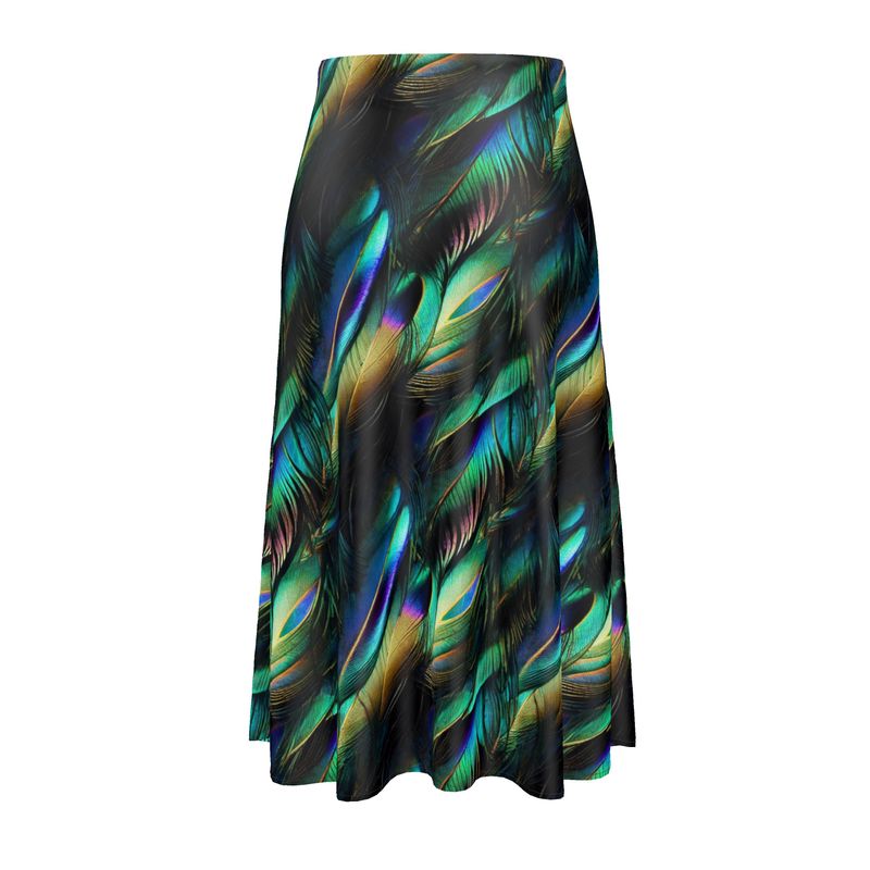 Iridescent Peacock Feathers Midi Skirt