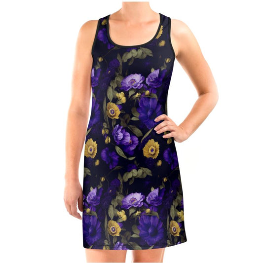 Night Garden Purple and Gold Blooms Scuba Vest Dress