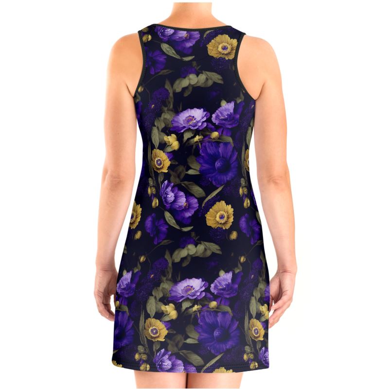 Night Garden Purple and Gold Blooms Scuba Vest Dress