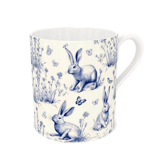 Bone China Mug - Blue and Cream Rabbit Toile