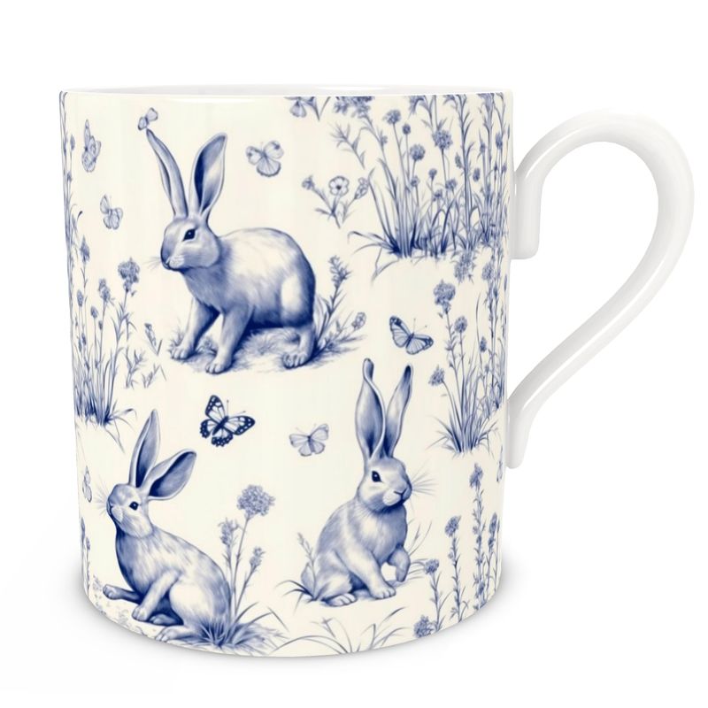 Bone China Mug - Blue and Cream Rabbit Toile