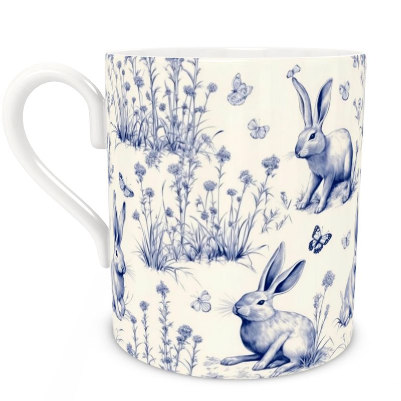 Bone China Mug - Blue and Cream Rabbit Toile