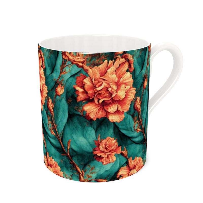 Bone China Mug - Vintage Orange on Green Flowers