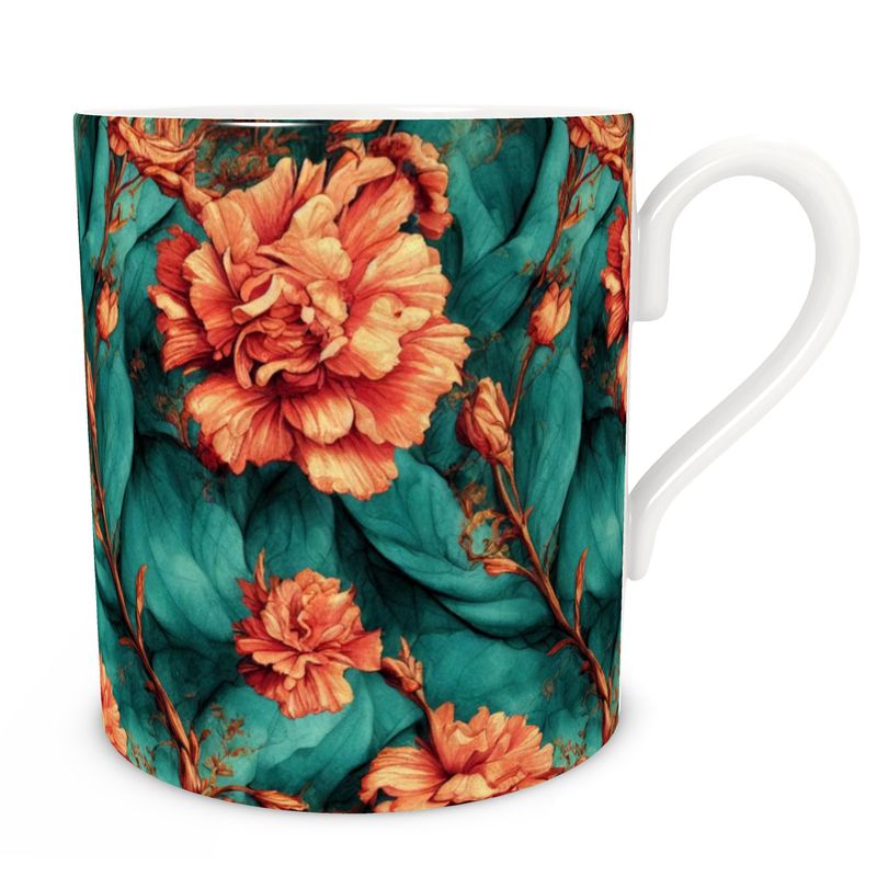 Bone China Mug - Vintage Orange on Green Flowers