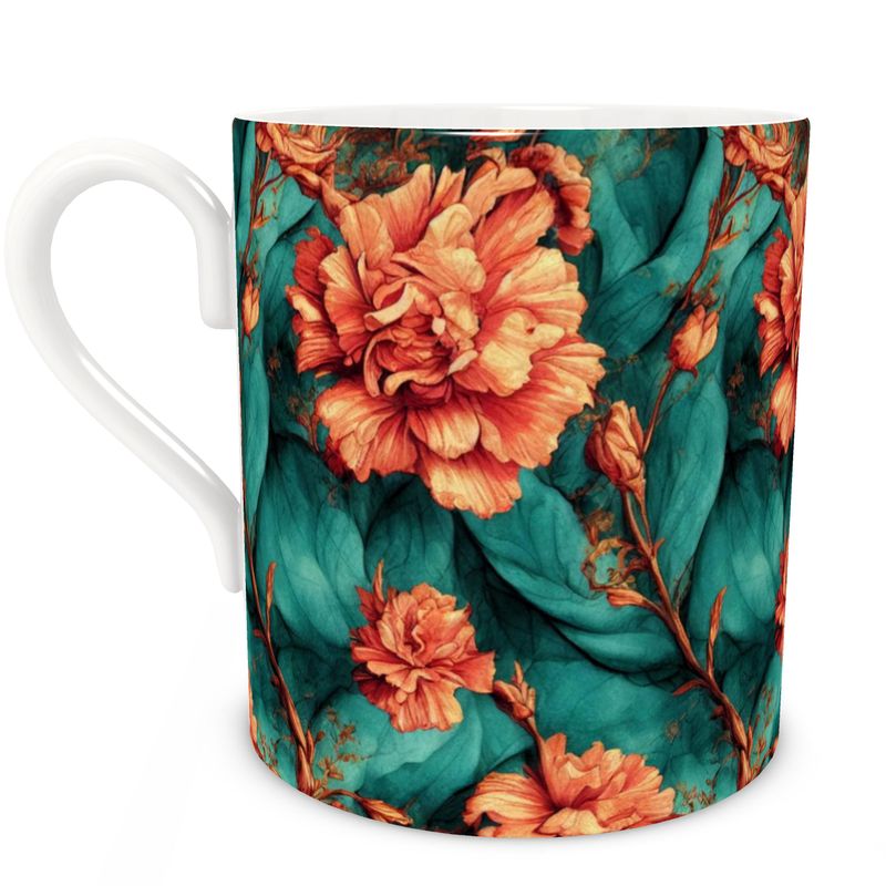 Bone China Mug - Vintage Orange on Green Flowers