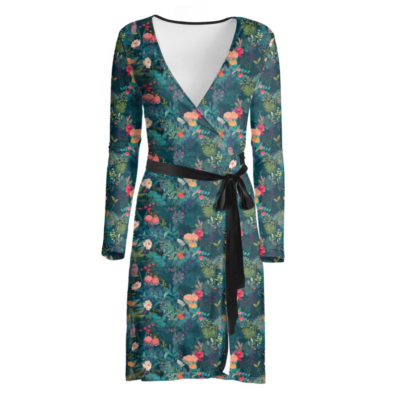 Teal Garden Whimsy Wrap Dress