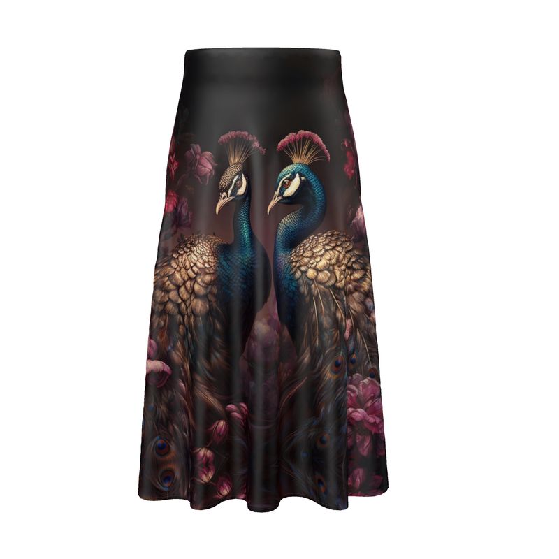 Peacock Fantasy Enchantment Silk Midi Skirt