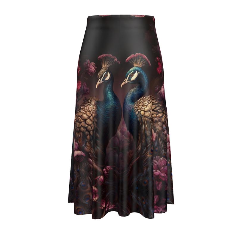Peacock Fantasy Enchantment Silk Midi Skirt