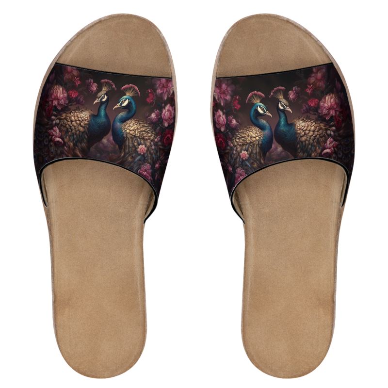 Peacock Fantasy Enchantment Womens Leather Sliders