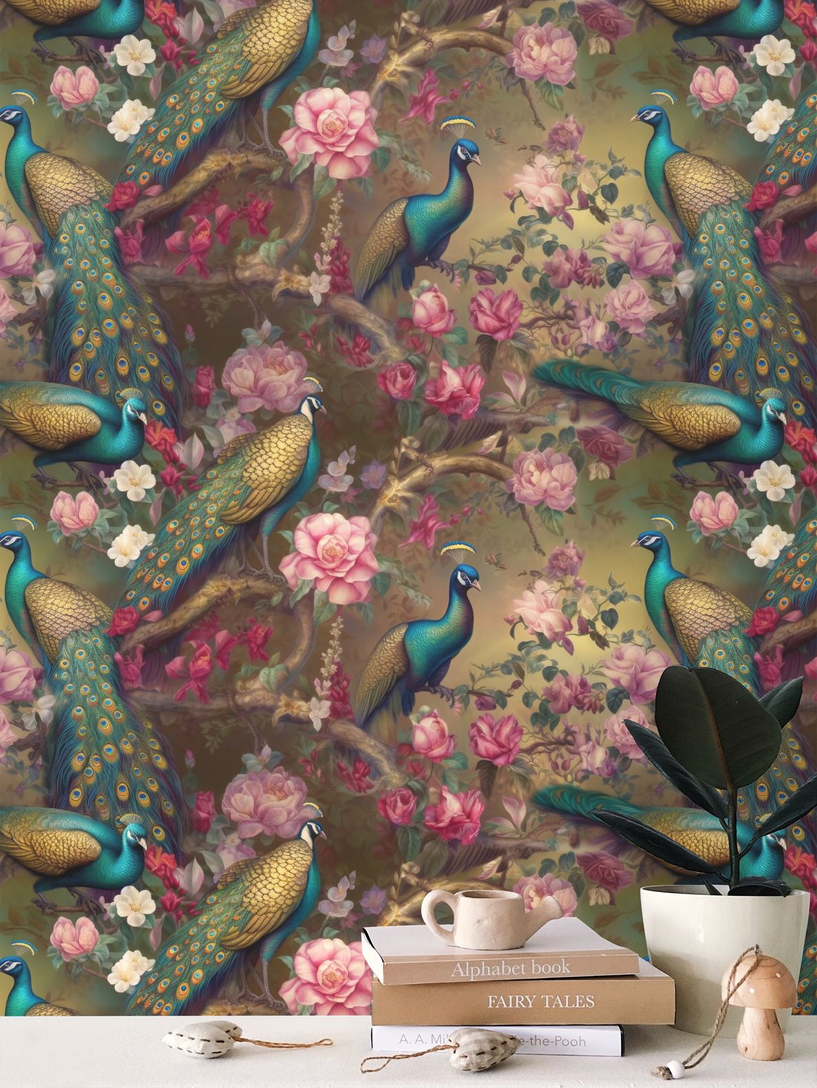 Gilded Peacock Romance Repeat Pattern Wallpaper