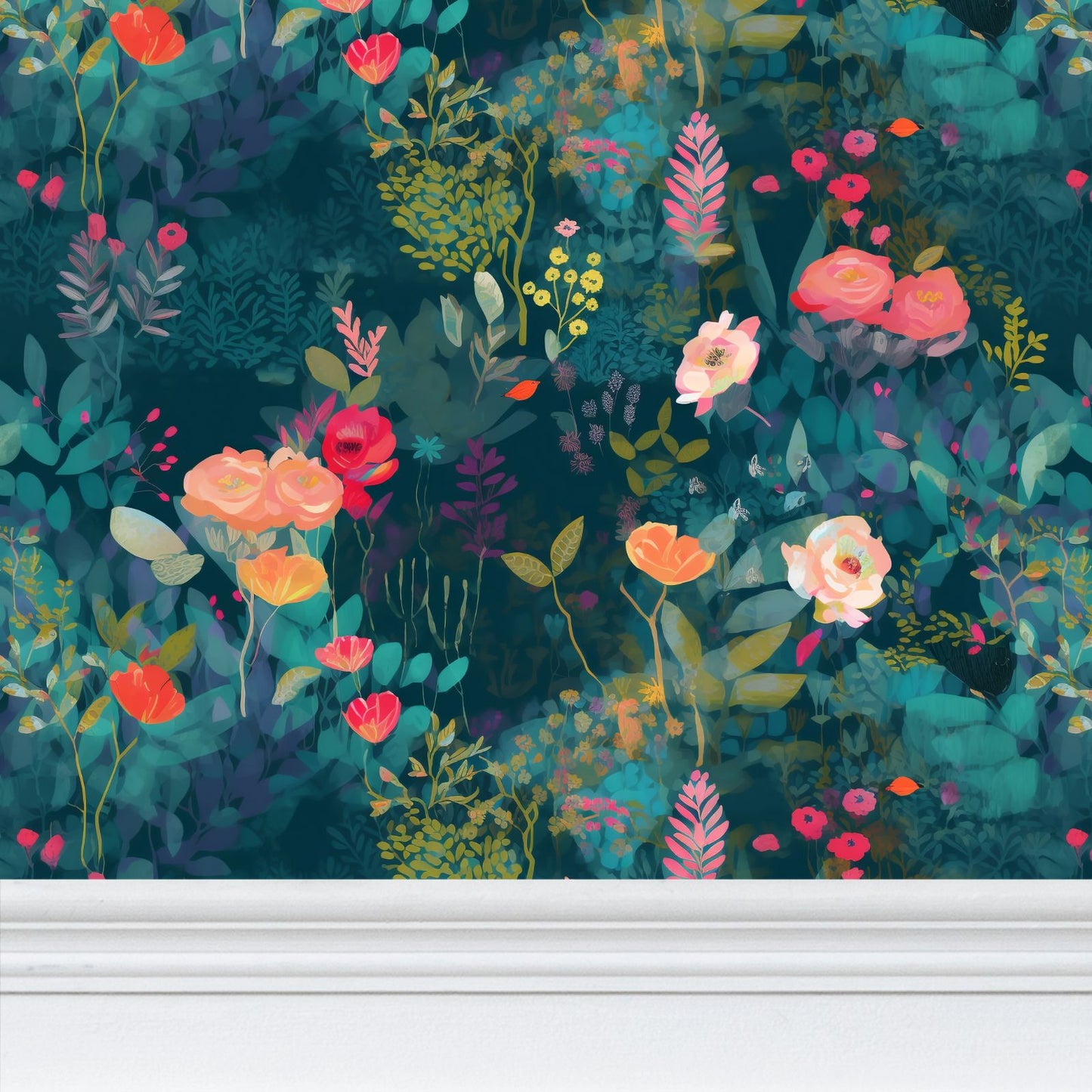 Teal Garden Whimsy Repeat Pattern Wallpaper