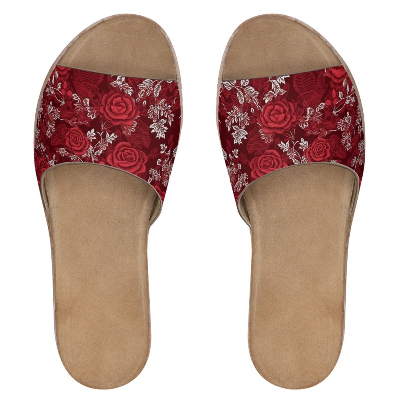 Red Rose Medley Womens Leather Sliders