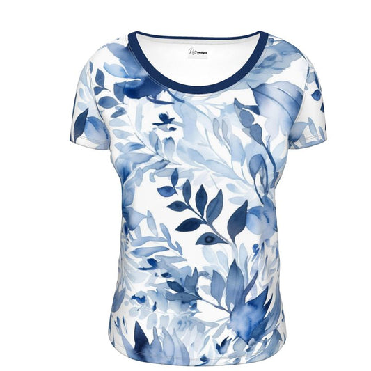 China Blue Foliage Ladies Scoop Neck T-Shirt