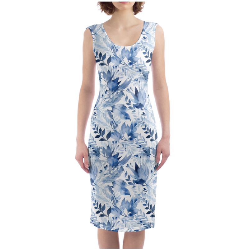 China Blue Foliage Bodycon Dress