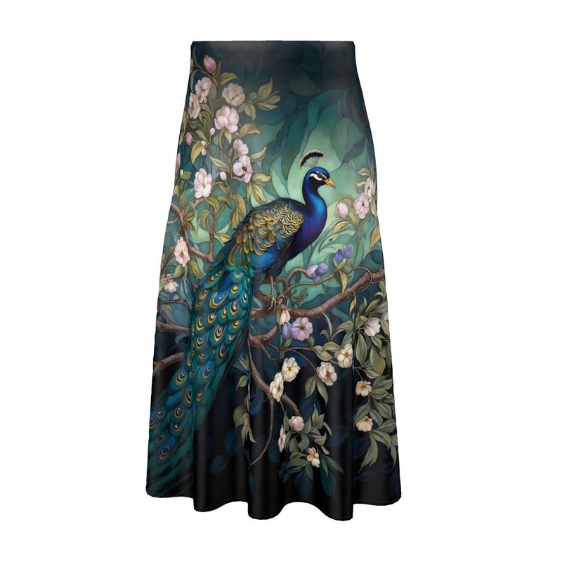 Serene Peacock Blossoms Midi Skirt