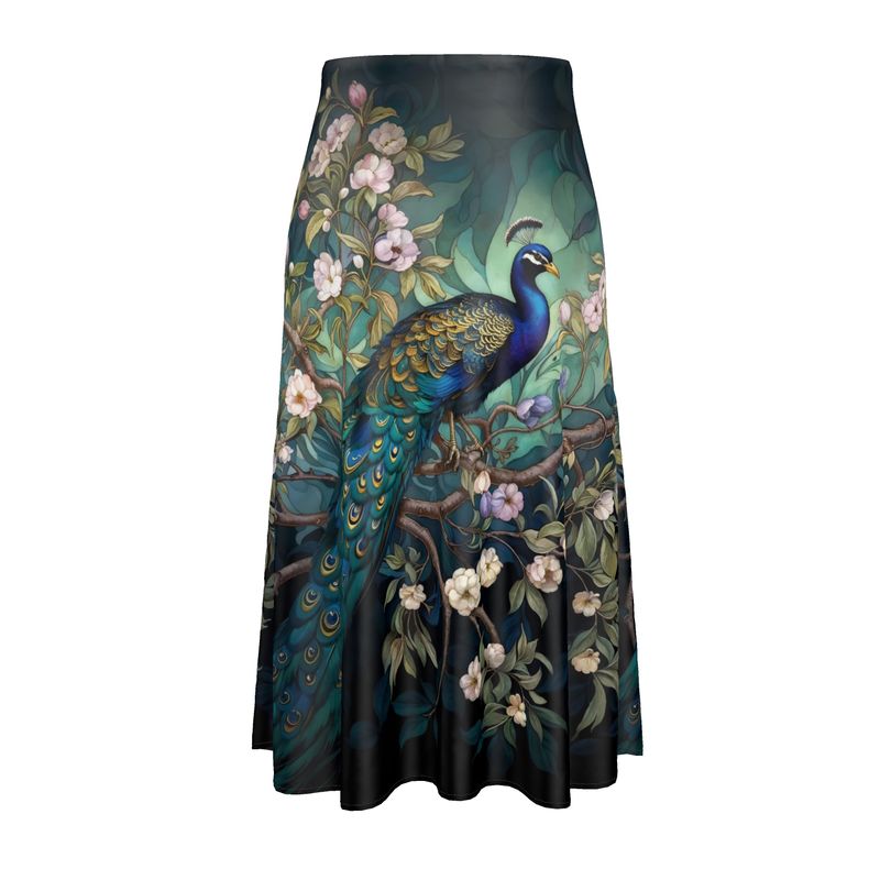Serene Peacock Blossoms Midi Skirt