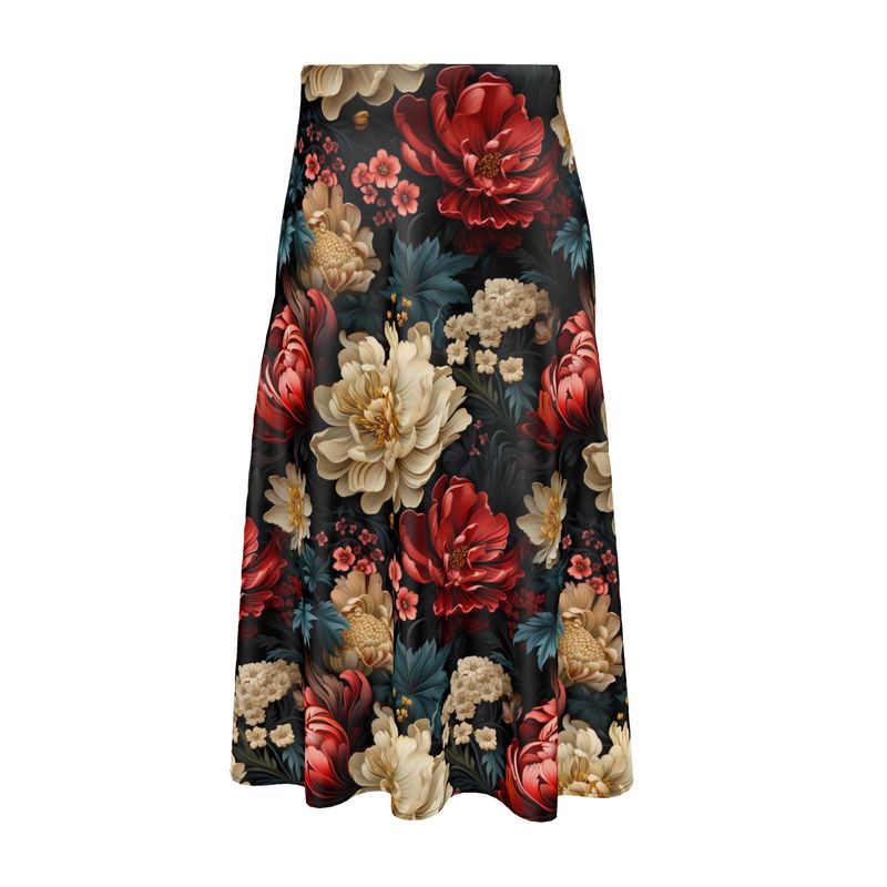 Blooming Chrysanthemums Silk Midi Skirt