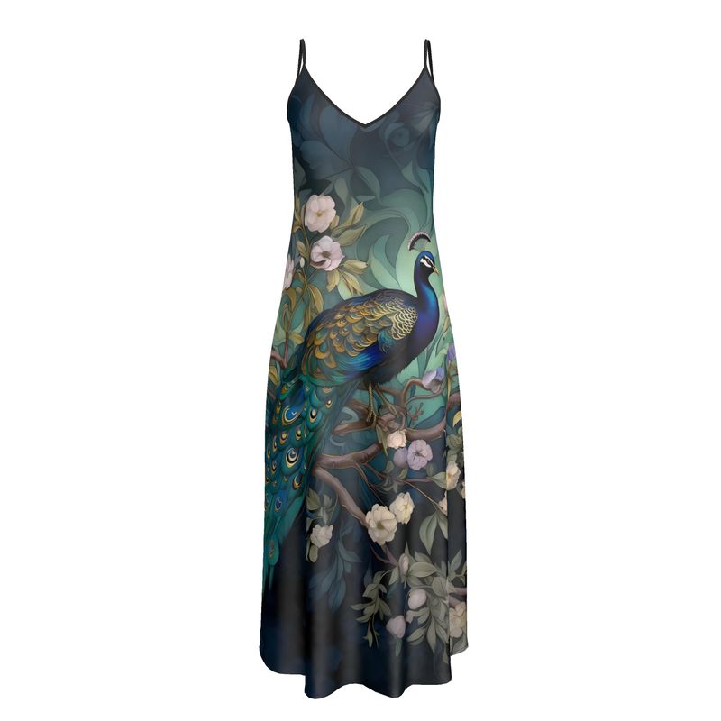 Serene Peacock Blossoms Maxi Slip Dress