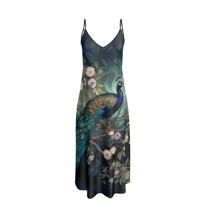 Serene Peacock Blossoms Maxi Slip Dress