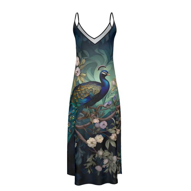 Serene Peacock Blossoms Maxi Slip Dress