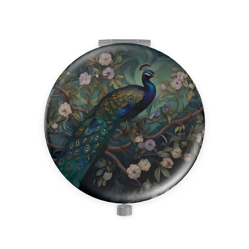 Serene Peacock Blossoms Metal Compact Mirror