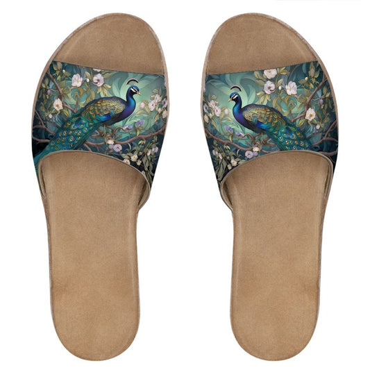 Serene Peacock Blossoms Womens Leather Sandals