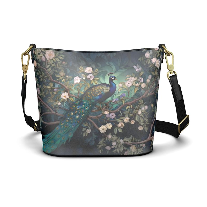 Serene Peacock Blossoms Large Leather Bucket Tote
