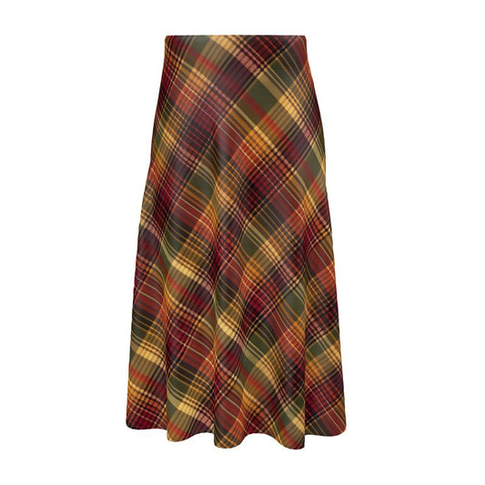 Autumn Tartan Print Silk Midi Skirt