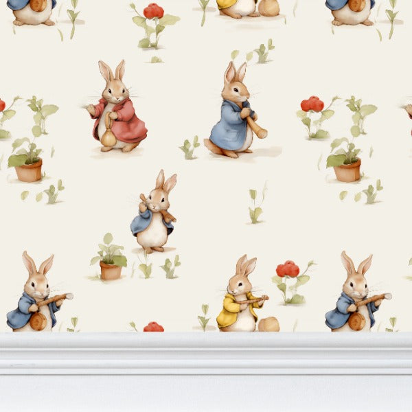 Bunny Meadow Delight Repeat Pattern Wallpaper